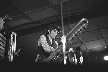 Ralph Carney of Tin Huey on stage at JB's in 1978.